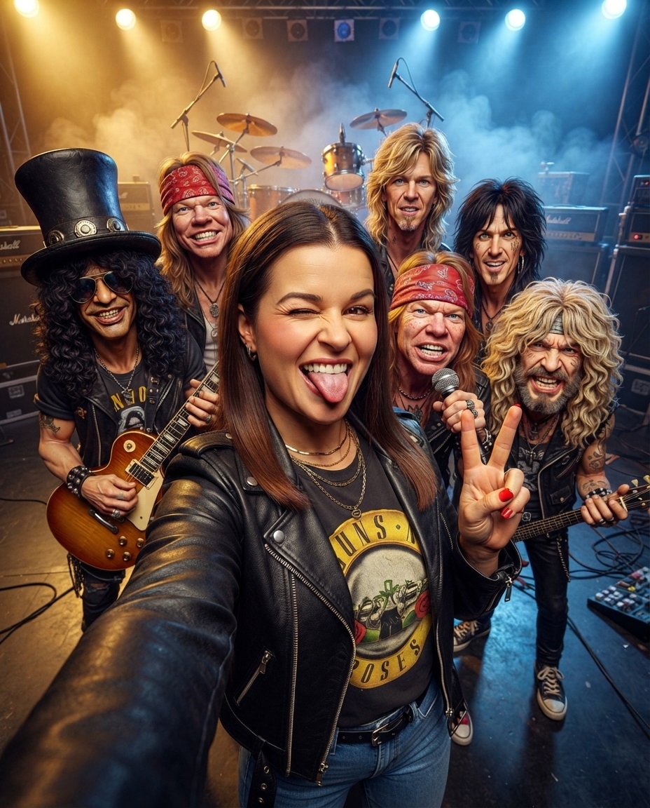 Minha foto de referencia, cercada pela clássica formação dos Guns N’ Roses