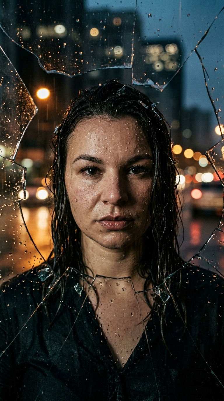 Prompt O Olhar Inabalável: Resiliência nas Ruínas Urbanas