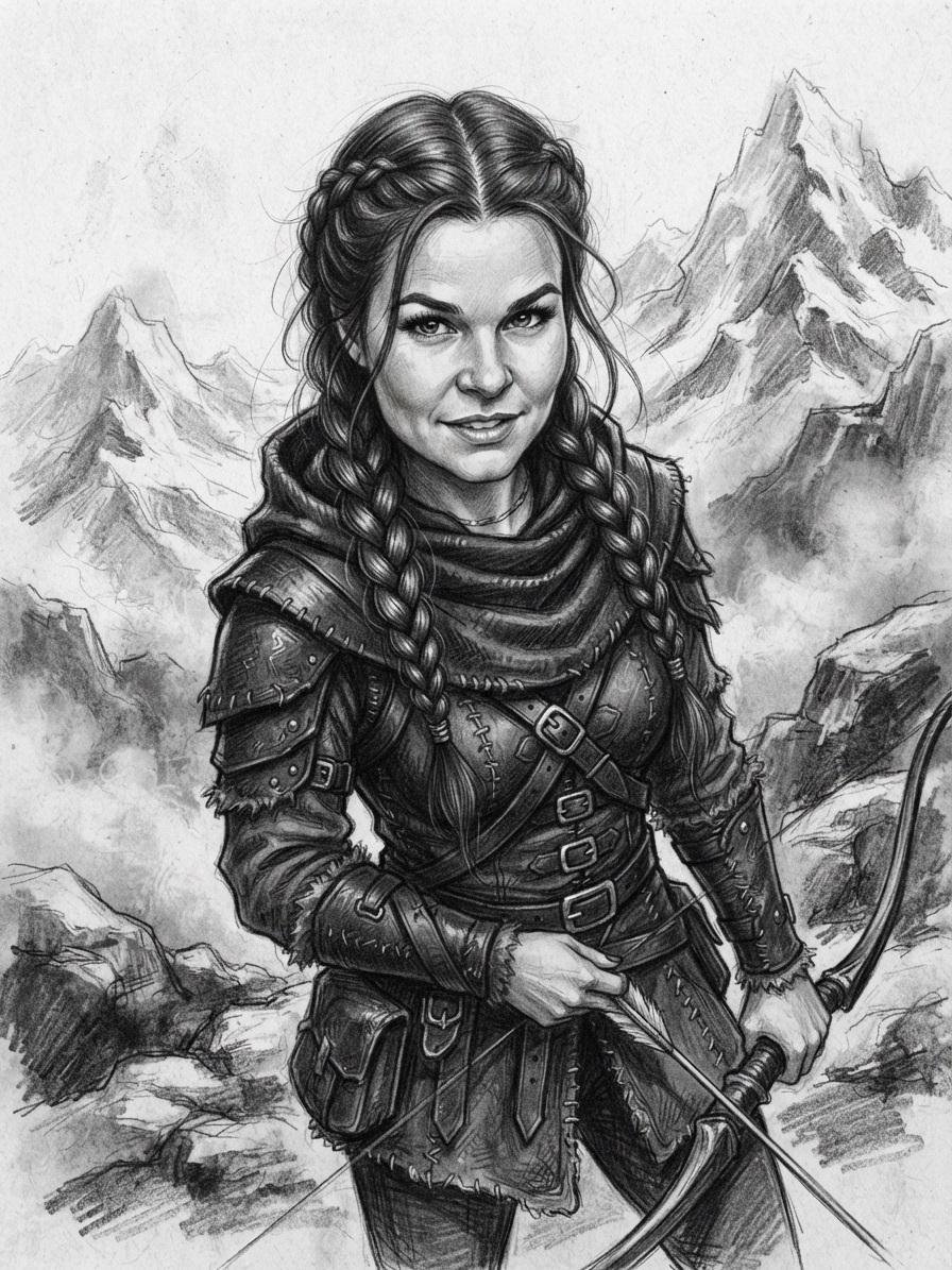 Retrato fantástico monocromático em grafite e carvão de uma jovem guerreira feroz