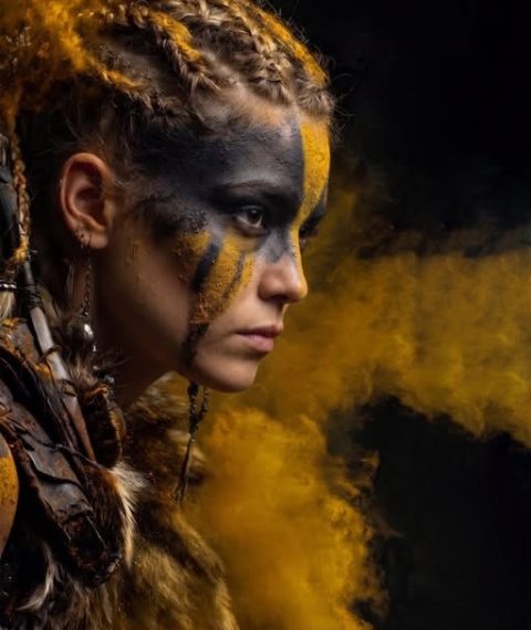 Retrato de uma mulher guerreira de fantasia cinematográfica em perfil dramático