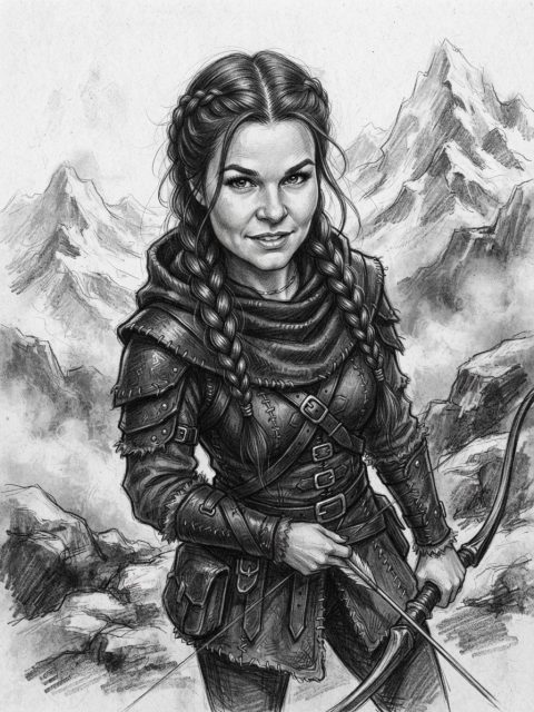 Retrato fantástico monocromático em grafite e carvão de uma jovem guerreira feroz